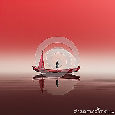 An art illustration showing a woman on a boat in the middle of nowhere Cartoon Illustration