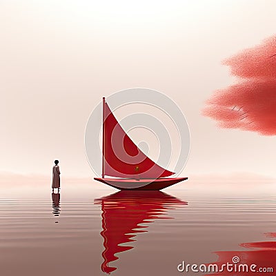 An art illustration showing a woman on a boat in the middle of nowhere Cartoon Illustration