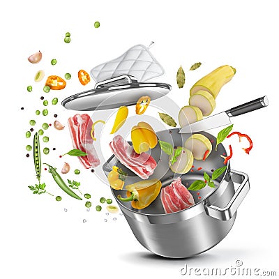 Recipe for cooking a dish in an open saucepan from meat, bell pepper, zucchini, green peas, basil and spices Vector Illustration