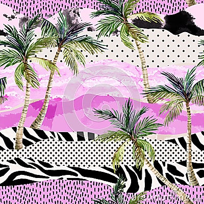 Art illustration with watercolor palm trees, doodles and grunge textures. Cartoon Illustration