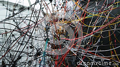 An art installation featuring an intricate web of cables and wires representing the complex infrastructure and data flow Stock Photo