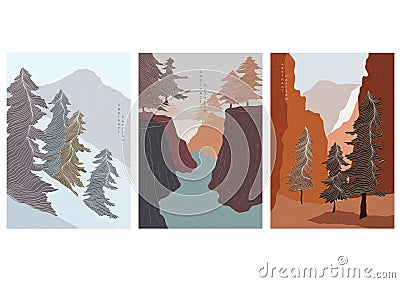 Art landscape background with wooden pattern vector. Natural abstract with mountain forest banner in vintage style. Autumn season Stock Photo