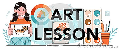 Art lesson typographic header. Student holding art tools learning Vector Illustration