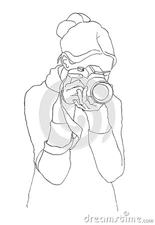 Art line girl with a photo camera. Hand drawn woman photographer. Coloring book drawing with black marker Stock Photo