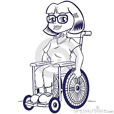 Art line Person Physically disabled girl in a wheelchair with tracheostomy tube Vector Illustration