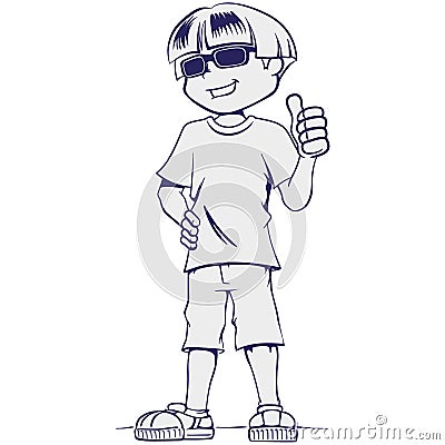 Art line Visually impaired boy person, with dark glasses Vector Illustration