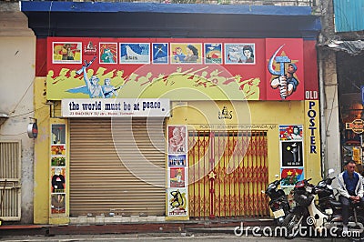 Art local old postcard shop for sale to vietnamese people and foreign travelers travel visit and shopping in old town on Hang Buom Editorial Stock Photo