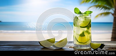 tropical summer vacation at the beach bar longdrink majito cocktail on blurred tropical beach background. generative AI Stock Photo
