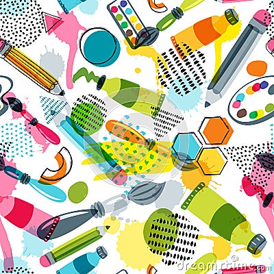Art materials for craft design, creativity. Vector doodle seamless pattern. Background with items for handmade activity Vector Illustration