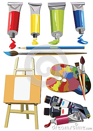 Art materials icons set easel paint Vector Illustration