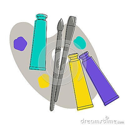 Art materials: palette, tubes of paint and brushes. Isolated on a white background. Vector Illustration