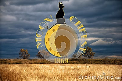 art minimal black logo with moon cheese with a cat silhouette against the background of cereals and a dark sky Stock Photo