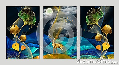 Art mural wallpaper with dark blue background, colorful christmas tree leaves, mountain , golden deer, golden birds and moon in th Stock Photo