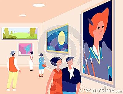 Art museum. Modern artist exhibition, contemporary gallery. People looking at artistic paintings. Excursions exposition Vector Illustration