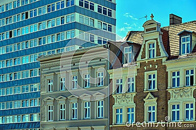 Art Nouveau facade of the building and fragment of modern office buildings Stock Photo