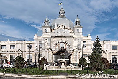 Art Nouveau facade of the central station Lviv-Holovnyi, Lviv, Ukraine Editorial Stock Photo