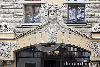 Art Nouveau facade decoration in Riga, Latvia on May 3 2015. Art Editorial Stock Photo