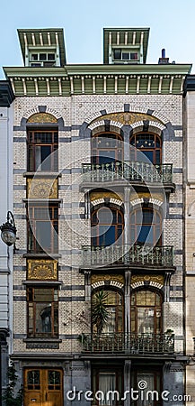 Art nouveau facade with sgraffiti in Brussels, Belgium Editorial Stock Photo