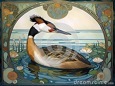 art nouveau illustration of a great crested grebe in an ornate decorative golden background Cartoon Illustration