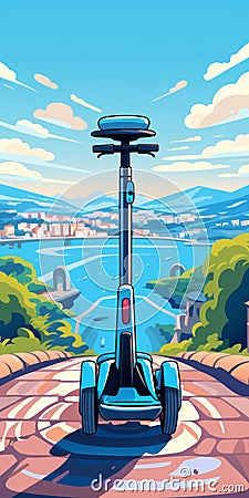 Art Nouveau-inspired Electric Scooter With Vibrant Cityscapes And Mountainous Vistas Cartoon Illustration