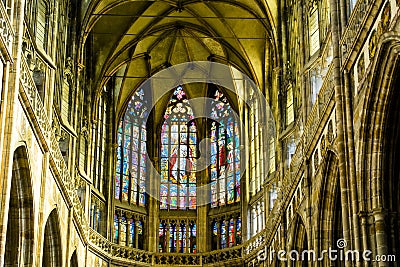 Art Nouveau painter Alfons Mucha Stained Glass window in St. Vitus Cathedral, Prague Editorial Stock Photo