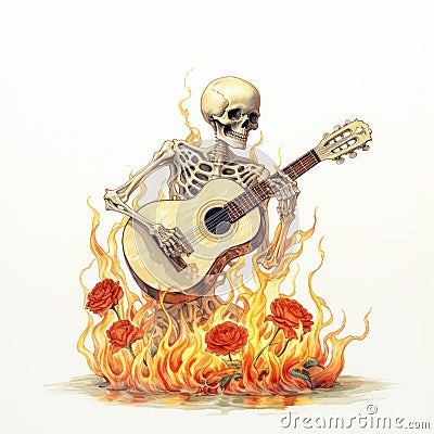 Art Nouveau Skeleton Playing Guitar On Red Roses In Fiery Illustration Stock Photo