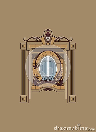 Art Nouveau window with decorative details. Jugendstil window frame. Building facade with a french balcony Vector Illustration
