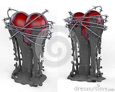 Art object, totem, trophy red heart surrounded by barb wire Stock Photo