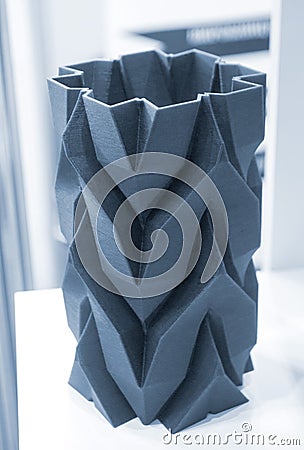 Art object vase printed 3D printer Models created 3D printer blue molten plastic Stock Photo