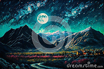 Art oil painting moon mountain village, hand drawn & artistic Cartoon Illustration