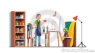 Artist woman workshop studio room with canvas Vector Illustration