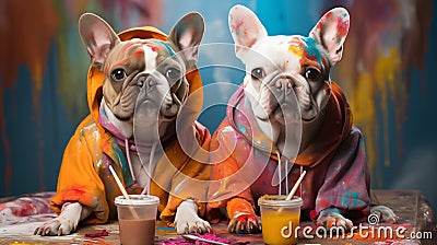 Art painting happy bulldog staring Acrylic color , Palette , paintbrush Stock Photo