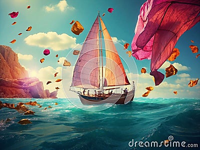 Art painting of a sailboat gliding the ocean waters with vibrant tints and shades Stock Photo