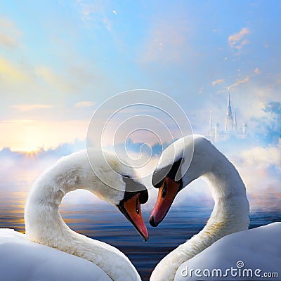 Art pair of swans in love floating on the water at sunrise of th Stock Photo