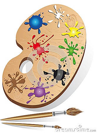 Art palette and instrument with paint and brush Vector Illustration