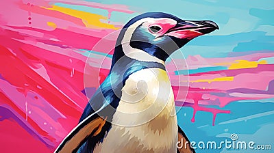 Vibrant Penguin Painting With Realistic Detailing And Color Gradients Cartoon Illustration