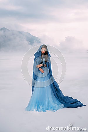 Art photo. Fantasy young woman fairy elf in blue cape with hood stands in cold wind. Winter nature background, mountains Stock Photo