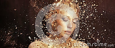 Art photo of golden woman splintering to thousands elements Stock Photo