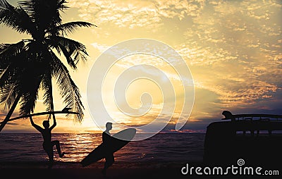 Art photo styles of silhouette surfer on beach at sunset Stock Photo