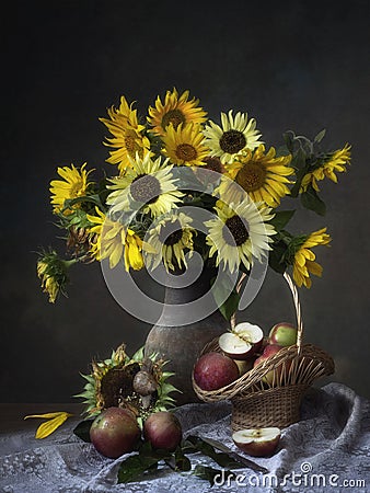 Still life with splendid bouquet of sunflowers Stock Photo