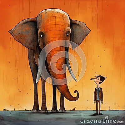 Humorous Caricature Illustration: Man Walking With Huge Elephant Cartoon Illustration