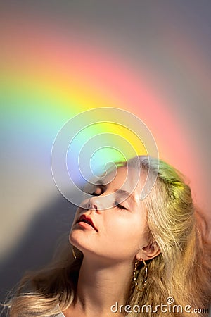 Art portrait fantasy dream tranquil woman rainbow Stock Photo