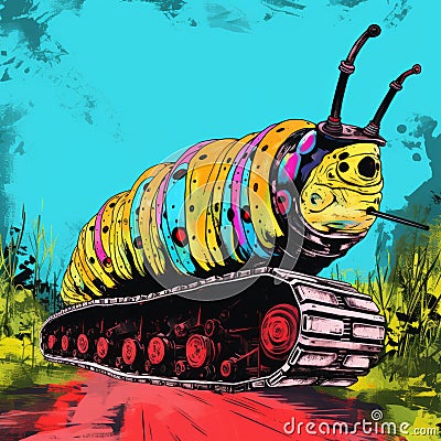Colorful Punk Art Caterpillar Tank Illustration Cartoon Illustration