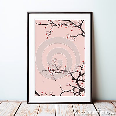 an art print with pink and black branches on a white wall Stock Photo