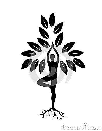 Yoga tree. Silhouette of man and tree in yoga pose Vector Illustration