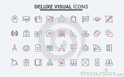 Art project, tools of designer, ideas of digital photo and video content line icons set Vector Illustration