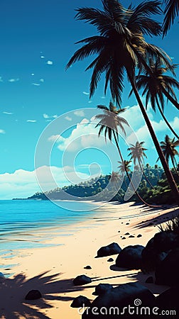 Tropical Beach With Coconut Trees In Hiroshi Nagai Style Stock Photo