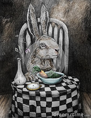 Art rabbit at table eating peas and carrots Stock Photo