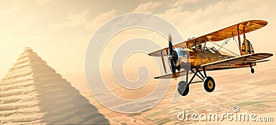 Art retro travel poster, vintage adventure card, flight on a retro airplane over Africa. Panorama of Egypt with pyramids. Travel Stock Photo