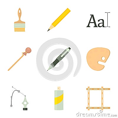 Art school equipment icons set, cartoon style Vector Illustration